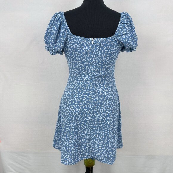 Shein Womens Small Blue Floral Puff Sleeve Sweetheart Mini Summer Dress Zip Back - Picture 3 of 10